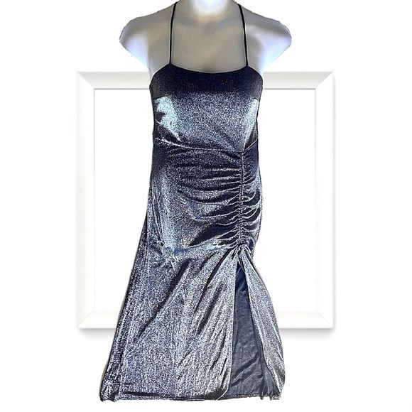 SILVER LUREX RUCHED FLOOR LENGTH SLEEVELESS PROM, FORMAL GOWN, SIZE 15 - Picture 2 of 8